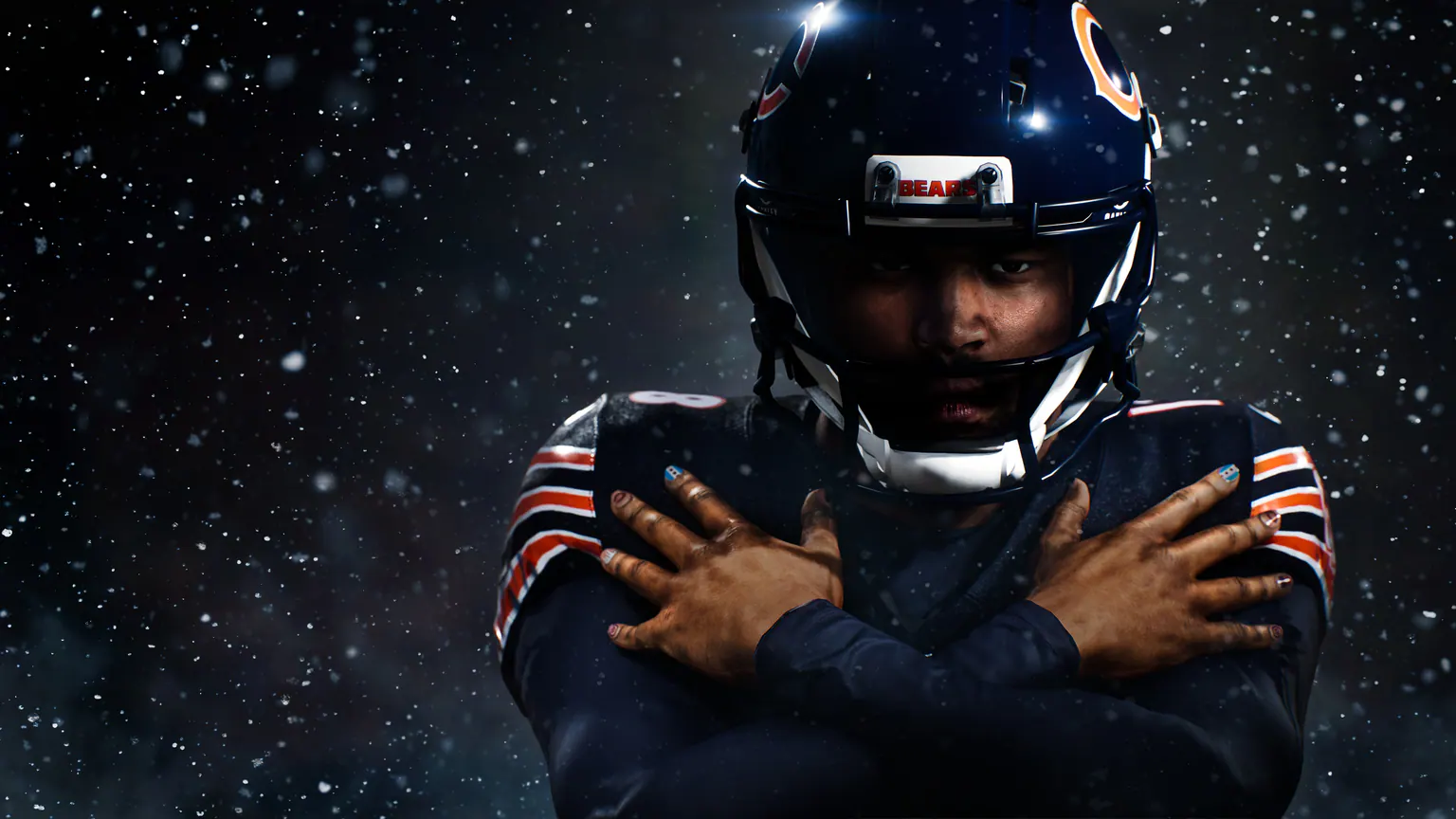 Chicago Bears quarterback Caleb Williams stands in falling snow in official Madden NFL 27 artwork